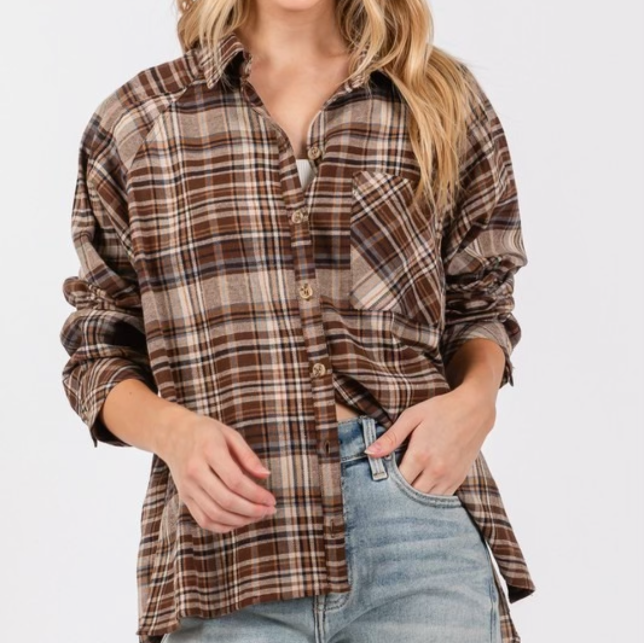 Brown Flannel Plaid Button-Up Long Sleeve Top