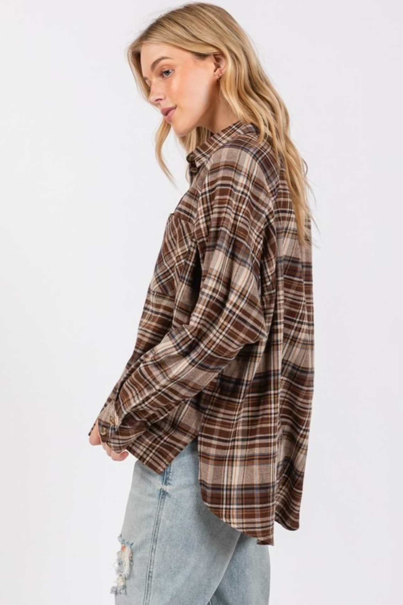 Brown Flannel Plaid Button-Up Long Sleeve Top